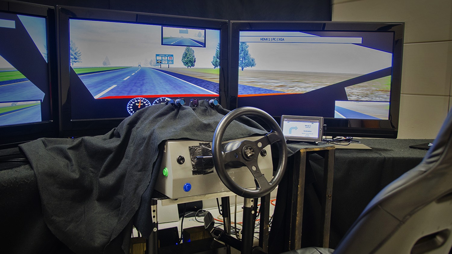The inside of a driving simulator