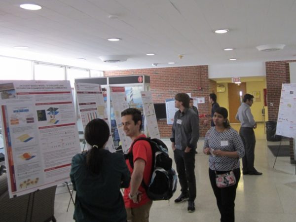 Research posters on display in the lobby of Mann Hall during the C&S symposium.