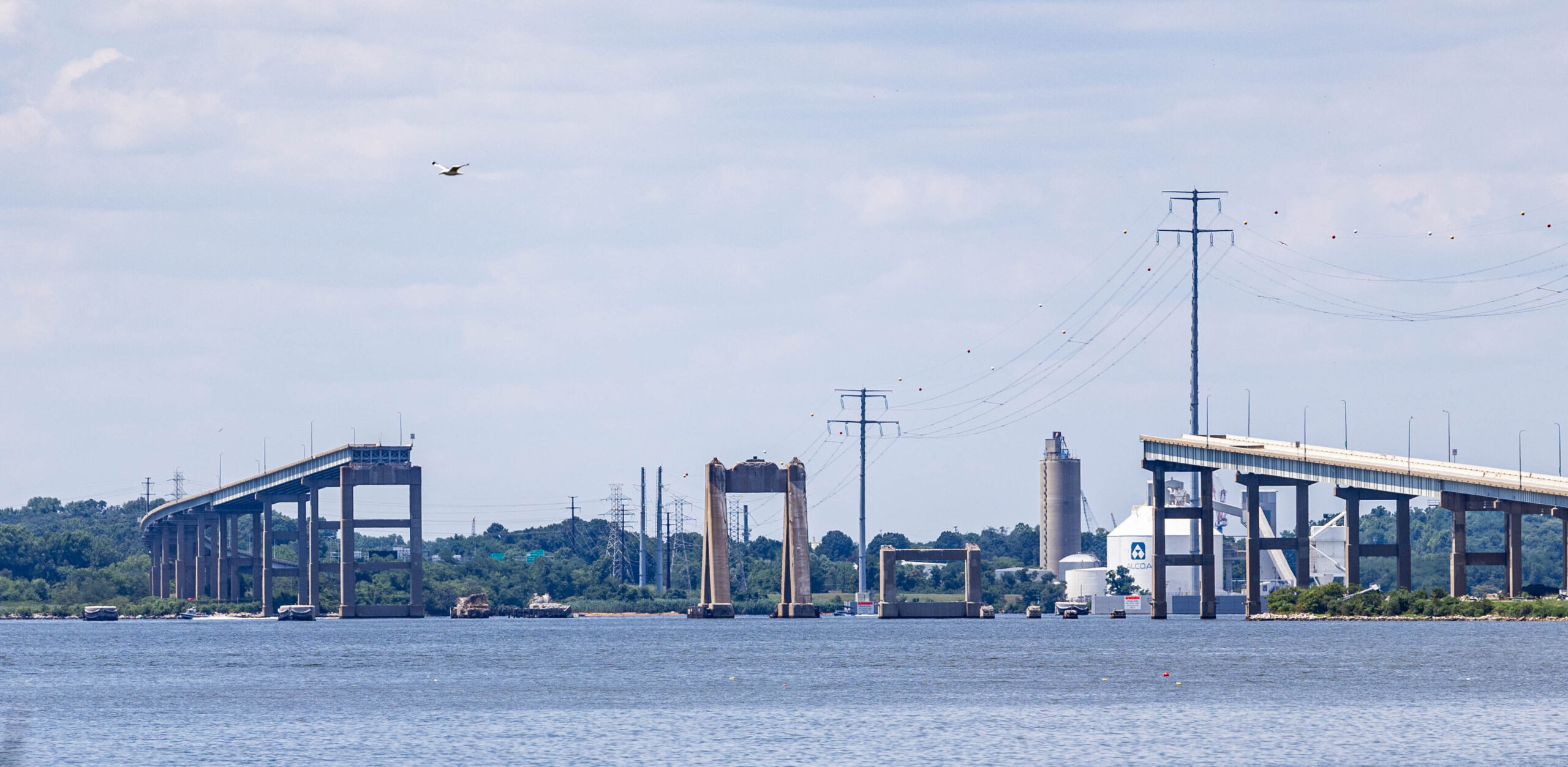 Image shows the aftermath of the Francis Scott Key Bridge collapse.